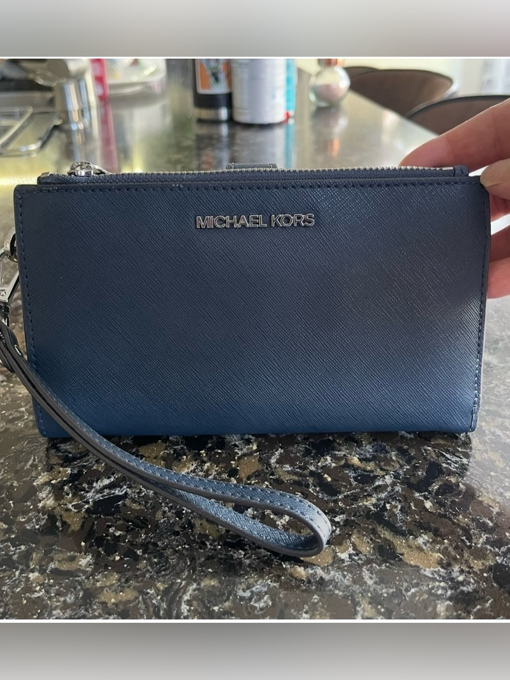 Michael Kors Navy Saffiano Zip Wristlet with Silver Logo